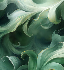 Abstract Green and White Swirling Leaves Background, Nature-Inspired Art, Flowing Organic Patterns