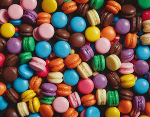 Caramelle rotonde colorate, disposte in un sacco, offrono uno spettacolo festoso.
