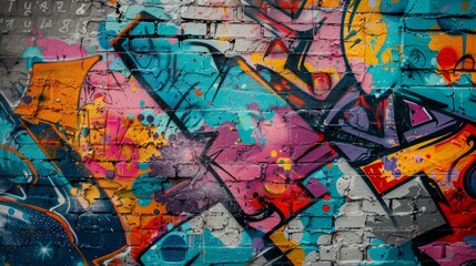 A close-up view of vibrant graffiti art on a brick wall, showcasing bold colors and abstract designs