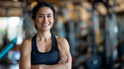 Middle-aged Female Fitness Trainer Smiling During Workout Session in Gym