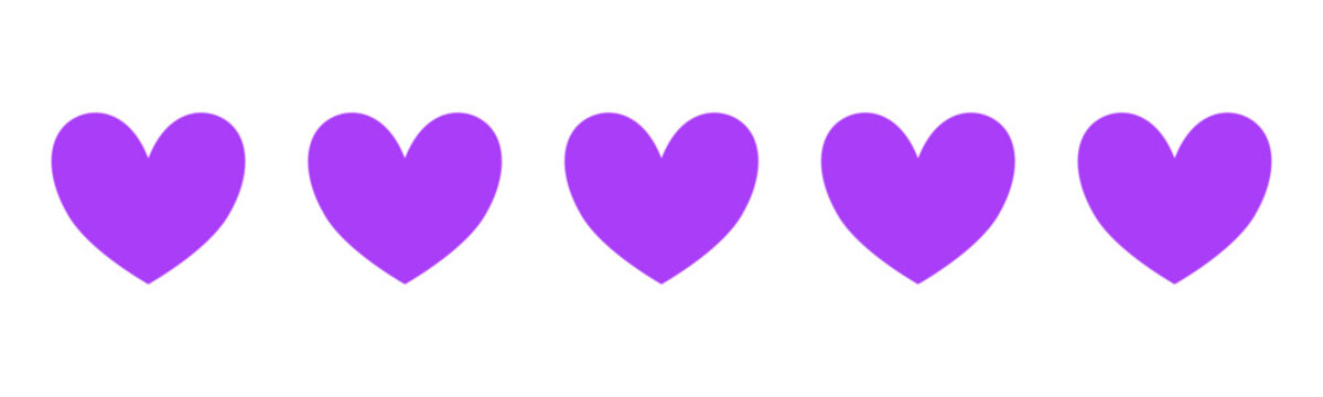 Five purple hearts for ratings and reviews, isolated on a transparent background