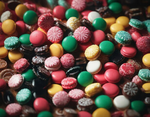 Fototapeta premium Caramelle rotonde di vari colori riempiono un sacco, creando un mosaico di dolcezza. 