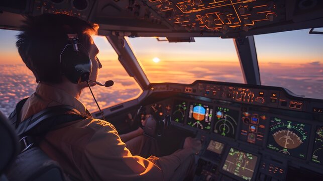 A pilot in the cockpit of an airplane, with modern instruments and control panels visible around him during flight at sunset, outside window showing beautiful landscape below.