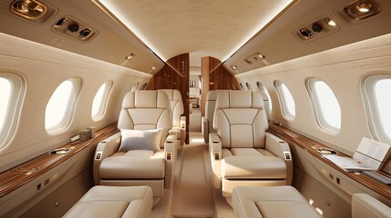 Obraz premium A private jet interior with beige leather seats and windows.