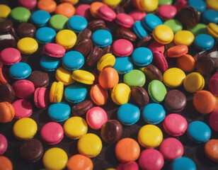 Un sacco traboccante di caramelle rotonde in tutte le sfumature dell'arcobaleno.
