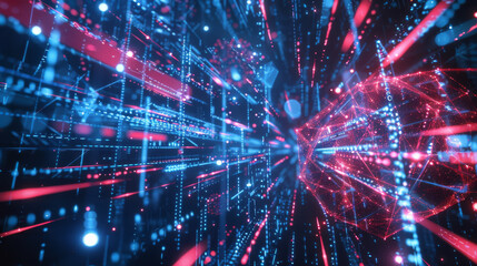 Obraz premium Digital bursts of red and blue light forming a complex, high-tech network, illustrating data transmission and the intricate web of information.
