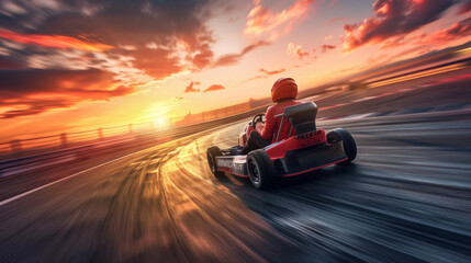 A dynamic shot captures a go-kart racer speeding around a corner at sunset, with vibrant orange and pink skies enhancing the thrilling scene.