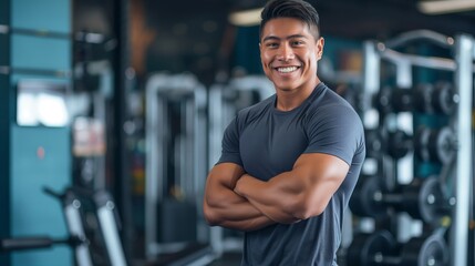 Smiling Native American Male Fitness Trainer in Gym Setting, Health, Wellness Motivation