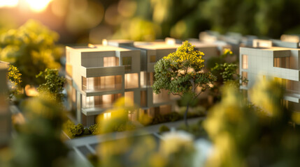 A finely crafted architectural model of a contemporary residential area, featuring modern homes set amidst verdant trees and lush surroundings.