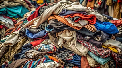 Fototapeta premium Fast Fashion Waste: Pile of Discarded Clothing Highlights Need for Textile Recycling