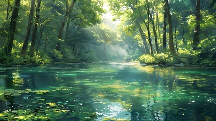 Fototapeta premium A serene river in the forest, reflecting lush greenery and sunlight filtering through tall trees, creating an atmosphere of tranquility and natural beauty.