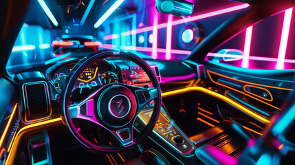A futuristic car interior illuminated by vibrant neon lights, featuring a high-tech dashboard and sleek design, evoking a sense of speed and innovation.