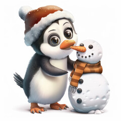 Fototapeta premium A little penguin in a Christmas outfit is playing with a snowman statue.