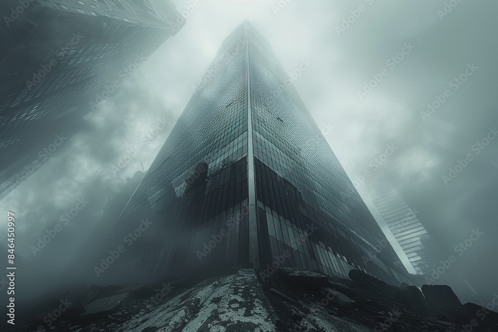 Poster a sleek skyscraper rising from a dilapidated ruin. concept of modern vs. ancient. generative ai.