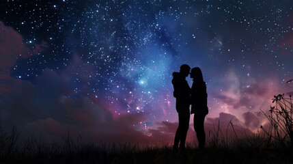 Two silhouettes share a tender moment beneath a breathtaking star-filled sky, standing among tall grass against a backdrop of cosmic wonder.