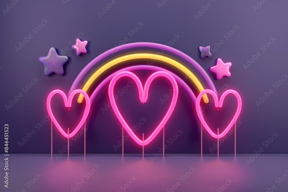 Poster neon rainbow heart and stars set against a purple background, creating a cheerful and high tech visu