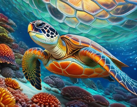 Dive into the beauty of the ocean with realistic sea turtle shell textures and vibrant patterns in this highresolution background design.