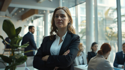 Obraz premium A confident businesswoman in a sleek suit stands with arms crossed in a modern office, exuding leadership amidst bustling colleagues.