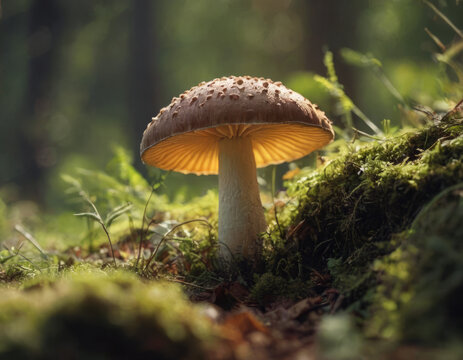 Un fungo fa capolino da un tronco caduto, avvolto da licheni.