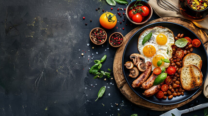 A hearty English breakfast featuring sunny-side-up eggs, sausages, baked beans, grilled tomatoes, mushrooms, and toasted bread with copy space. Hearty English Breakfast with Eggs and Sausages

 - Powered by Adobe