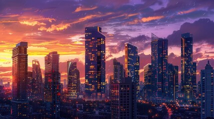Fototapeta premium Modern landscape with tall buildings at sunset modern concept.
