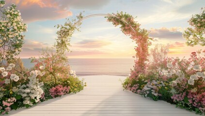 A white circular arch with a white wooden floor, surrounded by blooming flowers and trees.