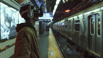 A young man wearing VR glasses at an urban train station platform at night, engulfed in a virtual world, unaware of his surroundings.