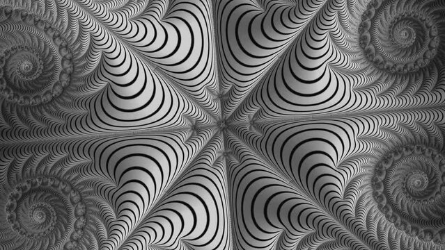 A 4K video showcases a journey through a complex monochrome fractal pattern with intricate details, using a pseudo 3D visualization style