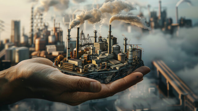 A surreal image of an industrial complex resting on a pair of hands against a hazy urban backdrop, emphasizing the balance between industry and environment.