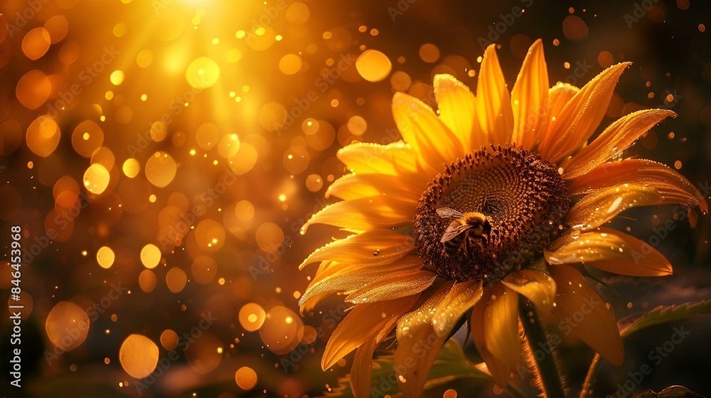 Poster a yellow sunflower sitting on top of a grass covered field