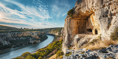 landscape photography of 12th century chapel carved in a cliff above a river in Provence, Deep blue...