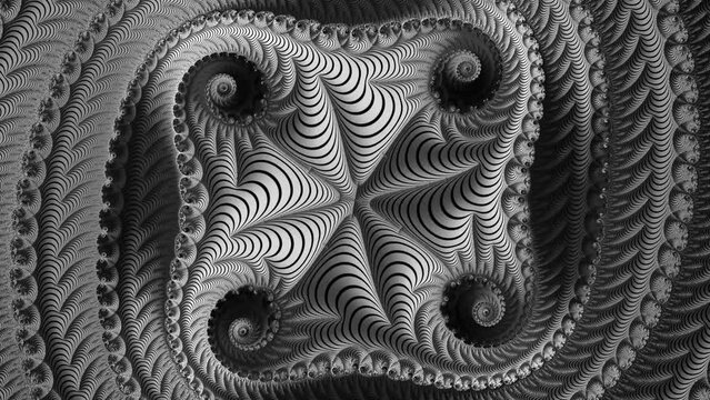 A 4K video showcases a journey through a complex monochrome fractal pattern with intricate details, using a pseudo 3D visualization style