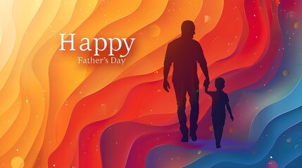 Happy father's day greeting card banner poster, abstract 3d digital design illustration of a father and child silhouette, vivid and simple gradient background.