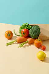 Vegan or dietary foods advertising photo with high angle view, some organic vegetable flat lay on...