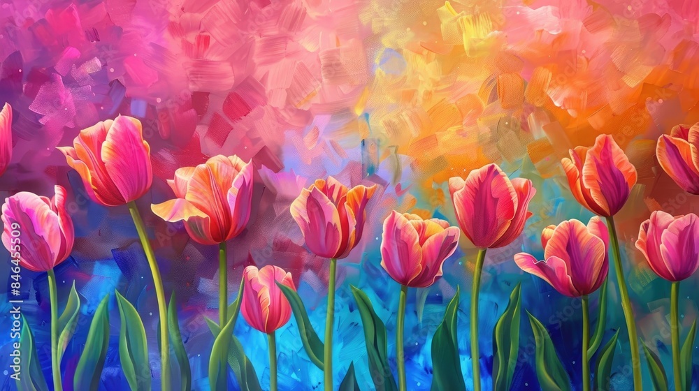 Poster blooming tulips on a vibrant spring backdrop