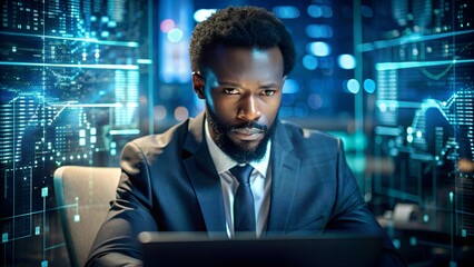 Fototapeta premium AI Cyber Security Threat Illustration: Black IT Specialist Analyzing Data Leaks | Conceptual Banner Image