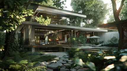 Fototapeta premium A modern, elegantly designed house seamlessly blending with lush, green surroundings, featuring large windows and an inviting outdoor space.