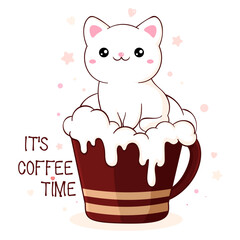 Lovely little cat in cup. Square card with cute animal in cup in kawaii style. Inscription It's coffee time. Can be used for t-shirt print, stickers, greeting card design. Vector illustration EPS8