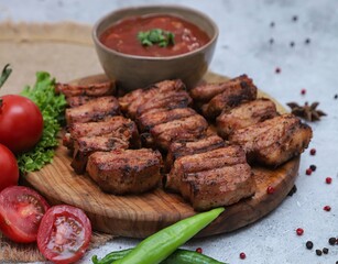 Plate of meat, tomatoes, and peppers on wooden board