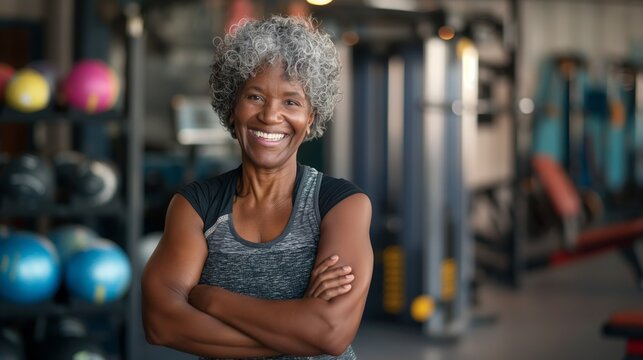 Confident Elderly Female Fitness Trainer in Gym, Promoting Healthy Aging and Active Lifestyle for Diverse Wellness Programs