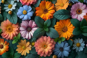 A flat lay photo of colorful flowers and green leaves