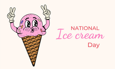 National Ice Cream Day. Illustration in retro style on a white background. Traditions. Summer holiday. Patriotism. Postcard template. Banner.
