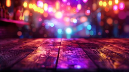Abstract blurred background with wooden table top and night club lights
