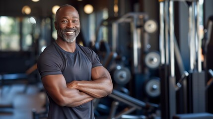 Middle-Aged African Male Fitness Trainer Smiling in a Modern Gym for Training, Wellness, and Health Promotion
