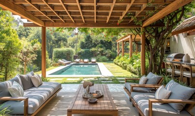 A wooden pergola and outdoor seating area with grey sofas, a natural wood table, a pool in the background