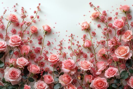 Pink roses and glitter create a beautiful floral corner on a white background