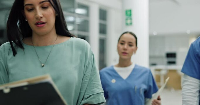 Medical, emergency and doctor crisis in hospital with nurse, stairs and run together in clinic. Surgeon, nurses and team chart for icu support, people and surgery news with healthcare staff at job