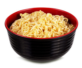  instant noodles with in black  bowl isolated on white background with clipping path. Asian and Chinese style fast food concept.