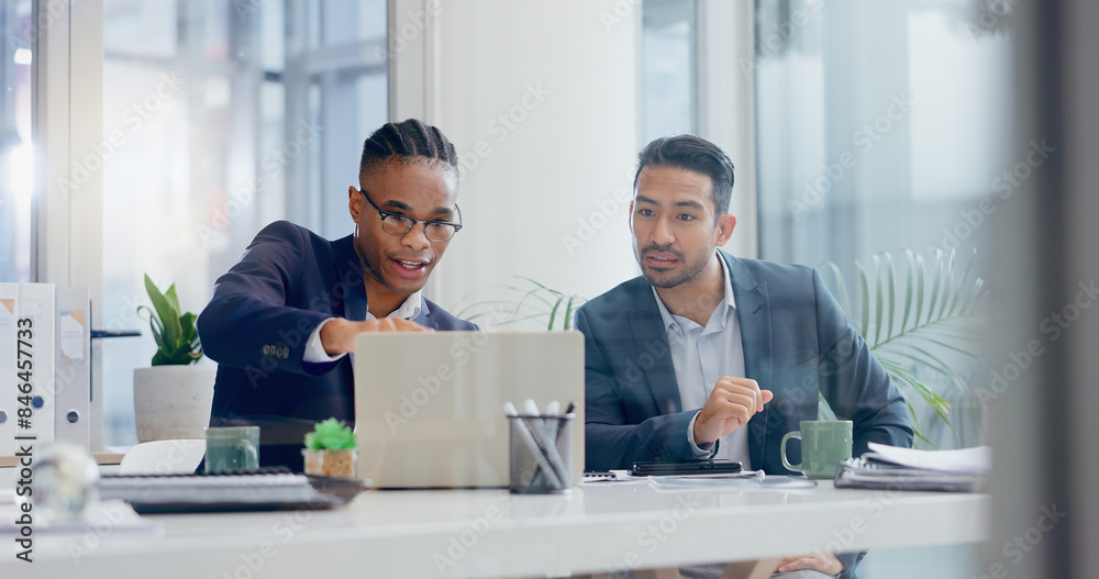 Aufkleber man, teamwork and planning with laptop in office, company review and online networking with employee