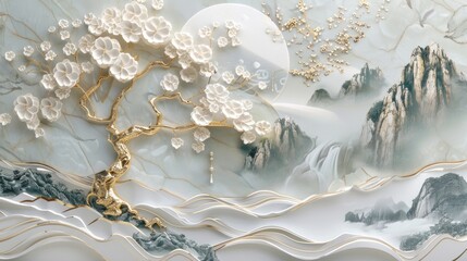 3D wallpaper with a white tree and golden leaves, a marble background with a landscape.